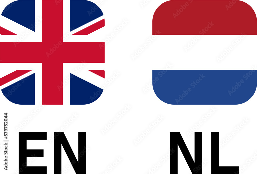 Poster soft square flag selection button badge icon set with uk united kingdom and netherlands flags with l