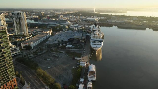 Aerial view of the Port Tampa Bay Cruise Terminal. Cruise ship docked.