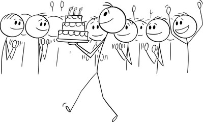 Celebration with Birthday Cake , Vector Cartoon Stick Figure Illustration