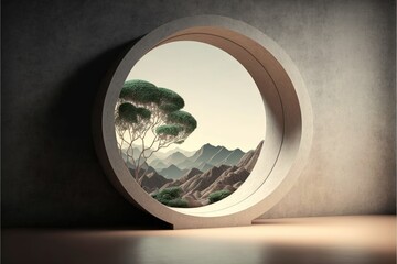 Round window with tree and mountain landscape in the background