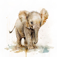 Baby elephant, adorable young elephant , pachyderme, colors splashes, isolated on white, "watercolor-style", generative illustration. Generative AI.