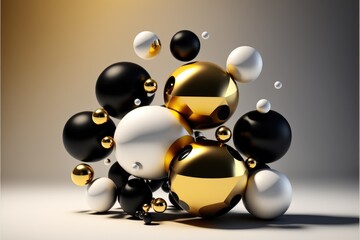 Abstract 3d illustration of metallic spheres in black and gold color