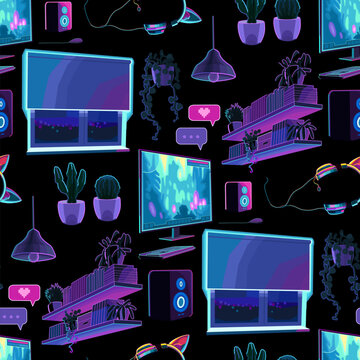 Abstract seamless pattern of different attributes of a teenage gamer night room