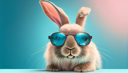 Easter bunny cool with sunglasses on soft background. Ai generative illustration. 