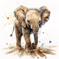 Baby elephant, adorable young elephant , colors splashes, isolated on white, "watercolor-style", generative illustration. Generative AI.