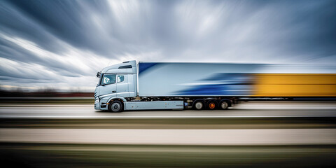 Truck on the autobahn in motion blur - Generative AI - obrazy, fototapety, plakaty