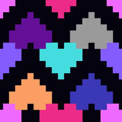 Abstract seamless pattern of colorful hearts in a pixel art style