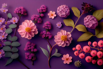 Beautiful colorful flowers flat lay on purple background. Ai generated