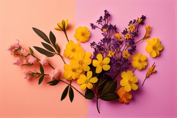 Beautiful colorful flowers flat lay on light blue background. Ai generated