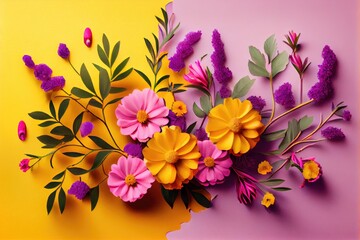 Beautiful colorful flowers flat lay on yellow purple background. Ai generated