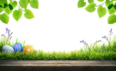 A blank template of three painted easter eggs celebrating a Happy Easter with a wooden bench to place products on with green grass and transparent background
