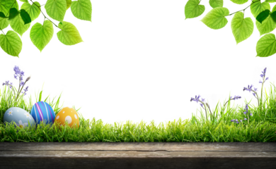 A blank template of three painted easter eggs celebrating a Happy Easter with a wooden bench to place products on with green grass and transparent background