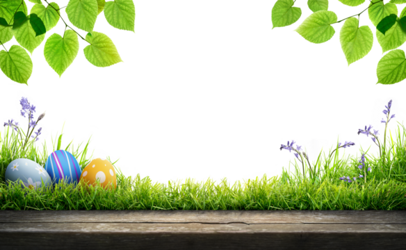 A blank template of three painted easter eggs celebrating a Happy Easter with a wooden bench to place products on with green grass and transparent background - Powered by Adobe