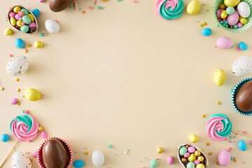 Easter sweets concept. Top view photo of chocolate easter eggs dragees sprinkles and meringue lollipops on isolated beige background with empty space in the middle