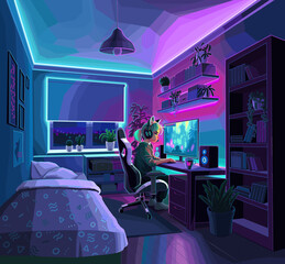 Girl gamer or streamer with a headset sits in front of a computer in a cozy room - 579753470