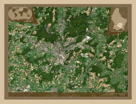 Canton Luxembourg, Luxembourg. Low-res satellite. Labelled points of cities