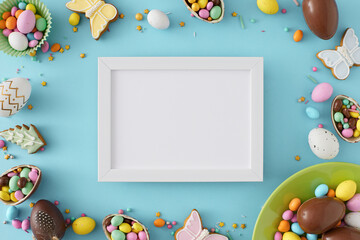 Sweets easter concept. Top view photo of white photo frame chocolate easter eggs dragees gingerbread and sprinkles on isolated pastel blue background with blank space