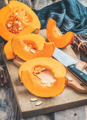 Halloween. Pumpkin.Thanksgiving Day. Banner. Autumn thanksgiving home decor with pumpkins on table. Cooking pumpkin.