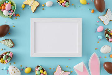 Sweets easter concept. Top view photo of white photo frame chocolate eggs easter bunny ears...