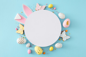 Easter concept. Top view composition of white circle colorful eggs easter bunny ears butterfly...