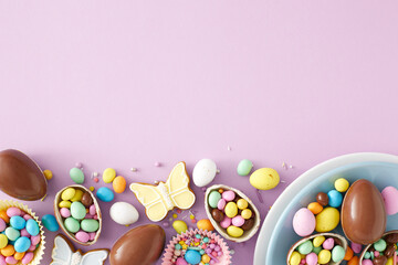 Fototapeta na wymiar Easter sweets concept. Top view photo of chocolate eggs in blue plate dragees gingerbread and sprinkles on isolated pastel violet background with empty space. Holiday decoration idea