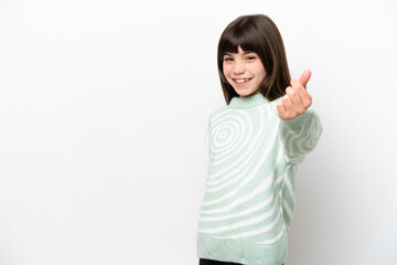 Little caucasian girl isolated on white background making money gesture