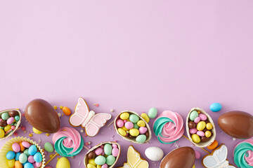 Fototapeta na wymiar Easter sweets concept. Top view photo of chocolate eggs paper baking molds with dragees meringue lollipops sprinkles and butterfly gingerbread on pastel violet background with empty space