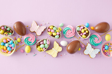Fototapeta na wymiar Easter concept. Flat lay photo of chocolate eggs paper baking molds with dragees meringue lollipops sprinkles and butterfly gingerbread on pastel violet background. Holiday decor idea