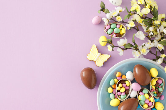 Easter concept. Top view photo of circle plate with chocolate eggs with dragees butterfly shaped gingerbread and spring blossom flowers on isolated lilac background with empty space