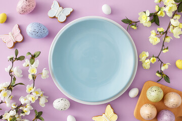 Fototapeta na wymiar Easter decor idea. Top view photo of empty circle plate colorful easter eggs in wooden holder cookies and spring blossom flowers on pastel lilac background with blank space