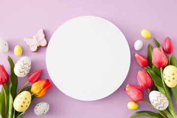 Easter decoration idea. Top view photo of white circle colorful easter eggs butterfly cookie and tulips flowers on pastel lilac background with blank space