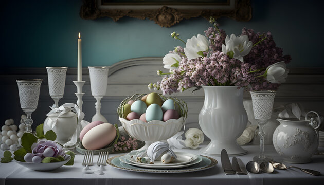 Easter decorated table, luxurious exclusive, beautiful white China tableware, flowers in white vases, pastel Easter eggs, white Linon table cloth, award winning photo 