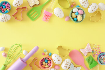 Easter cooking concept. Top view composition of white golden eggs kitchen utensils baking molds butterfly cookies and сolorful dragees on isolated yellow background with empty space in the middle