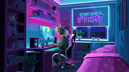 Girl asian girl gamer or streamer with a headset sits in front of a computer in a cozy room