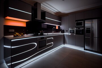 A Modern Kitchen Illuminated By Led Strips. Generative AI