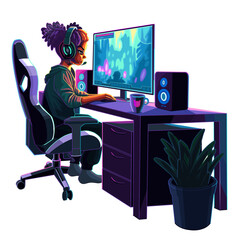 African gil gamer or streamer with a headset sits in front of a computer