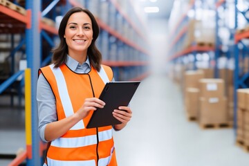 Candid shot of a confident female floor manager in a distribution center warehouse holding a clipboard, generative ai