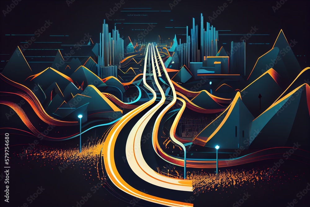 Poster abstract highway path through digital smart city graphic design. peculiar image. generative ai