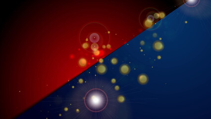Abstract red and blue background with golden bokeh lights