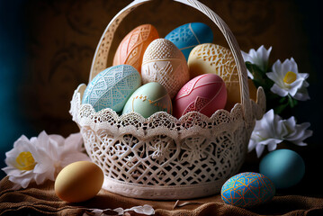 Easter eggs in the basket Festive Happy Easter!
Colored eggs in a white basket.