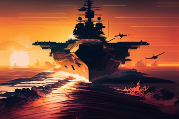 Aircraft Carrier Crossing The Ocean. Digital Ai Art. Generative AI