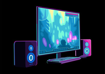 Computer set consists of monitor, two speakers, mouse and keyboard