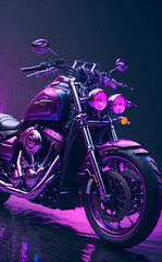 Fototapeta na wymiar Custom-style motorcycle graphic image in vibrant volumetric pink lighting with a reflection image at the bottom. Splashes and streams of purple light on the back.