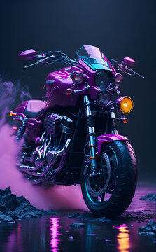 Custom motorcycle graphic image in vibrant volumetric pink lighting and with a reflection image at the bottom. Splashes and streams of purple light on the back. Cruiser and touring motorcycles.


