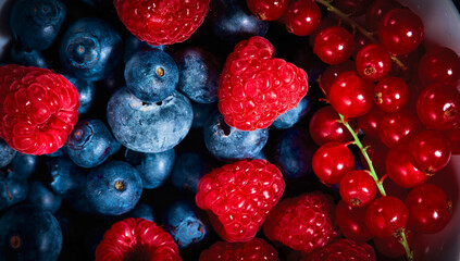 Close up shot of assorted colourful fresh berries. Natural source of vitamins. Full frame fruit...