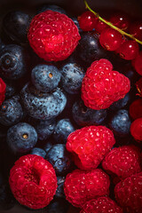 Full frame fresh fruit theme. Colourful background with blueberries, raspberries and red currant.