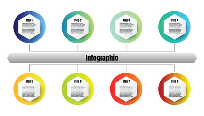 Infographic template for business information presentation. Vector hexagon in circle gradient. Modern workflow diagrams. Report plan 8 topics