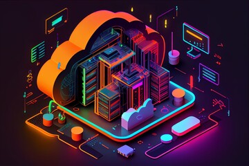 Cloud Technology Concept. Data Center Concept. Modern Cloud Technologies. Neon Colors, Cyber Space, Isometric Illustration Network With Computer, Laptop, Tablet And Smartphone. For Web. Generative AI
