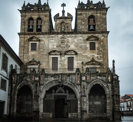 Braga Cathedral facade on a rainy day. Braga, Portugal