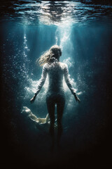 Obraz na płótnie Canvas Back view of a girl in a dress under water. Generative AI